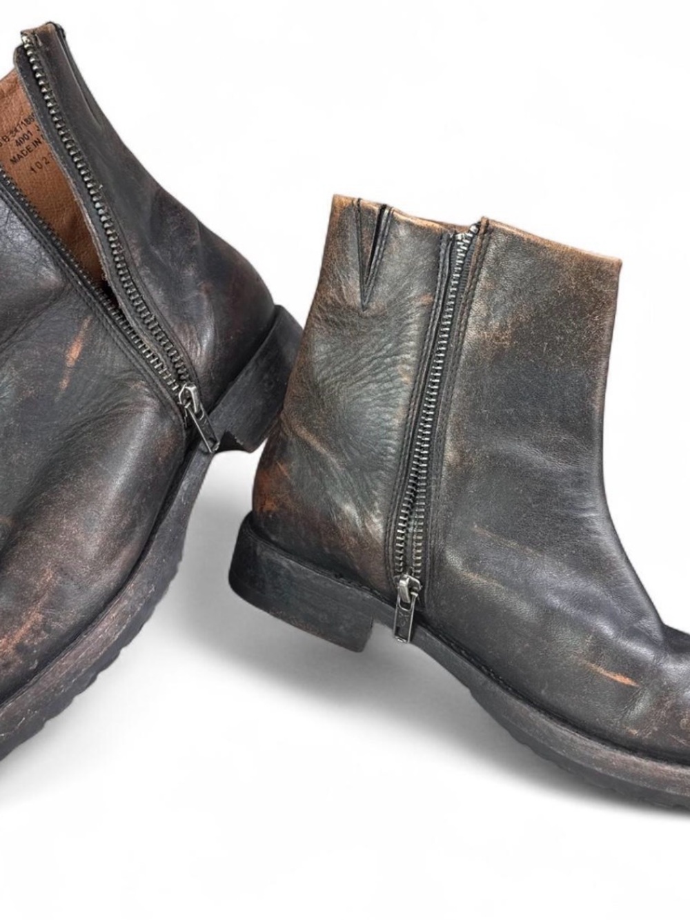 Frye Women's Black/Brown Distressed Leather Side-Zip Ankle Boots